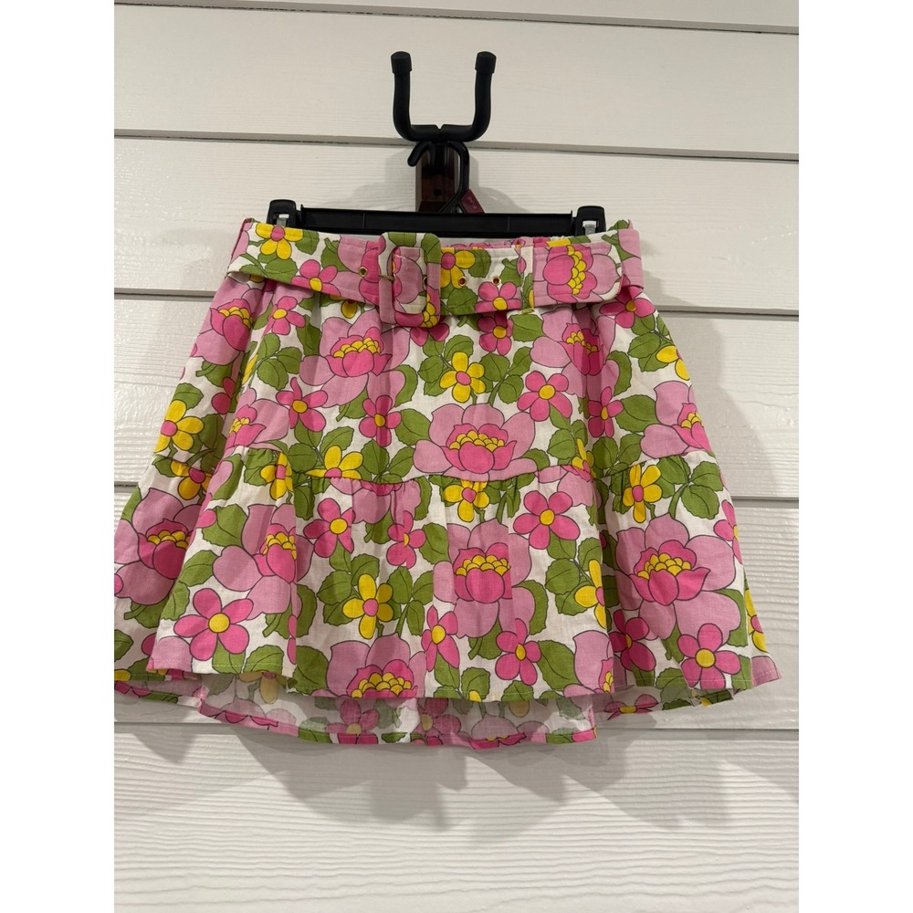 #B- 007- Floral Crop Top and Belted Mini Skirt Set Pink Yellow Retro 2 Piece - Picture 6 of 11